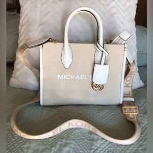 Michael Kors Tan and White Satchel Cross Body Bag